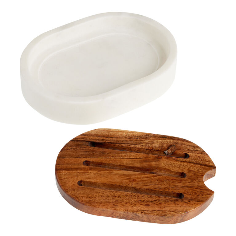 White Marble And Acacia Wood Soap Dish image number 2
