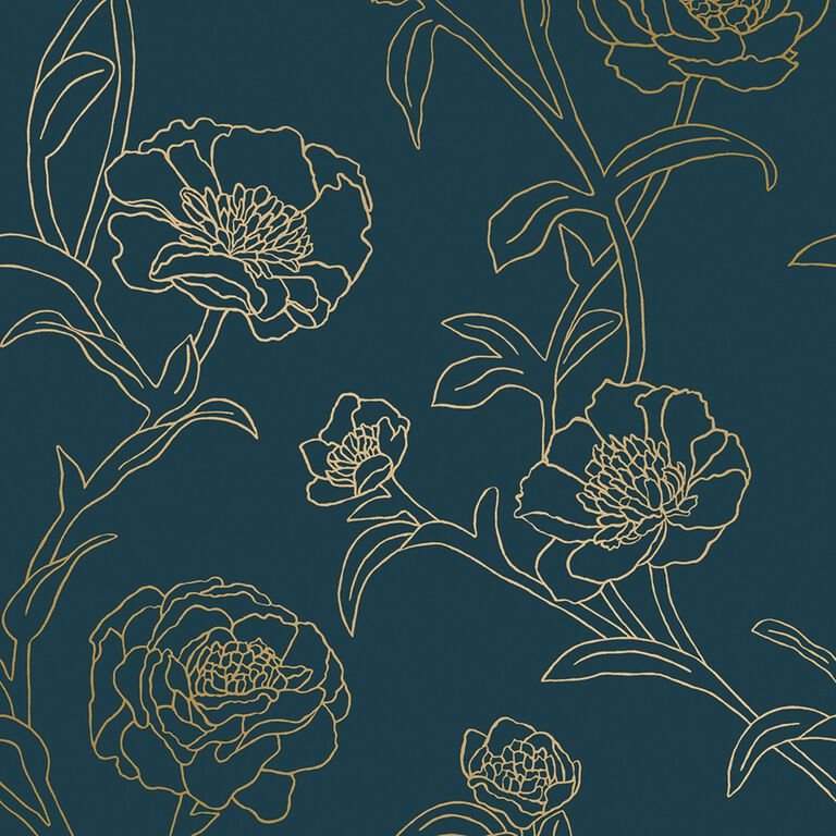 Dark Blue And Gold Peonies Peel And Stick Wallpaper image number 1