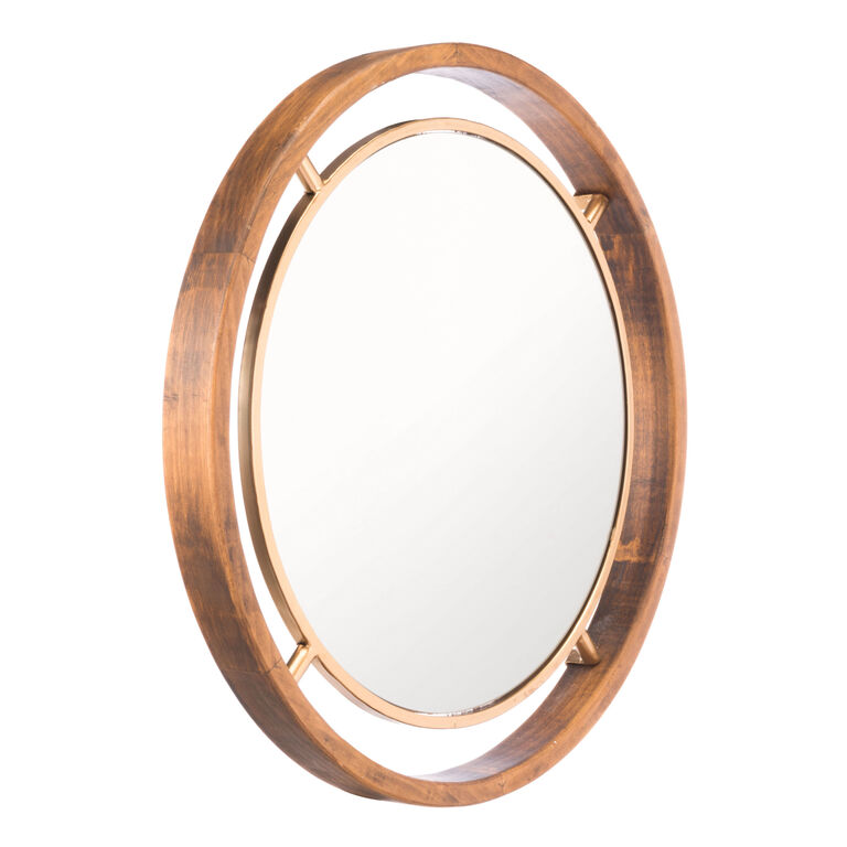 Round Pine Wood and Gold Metal Wall Mirror image number 3