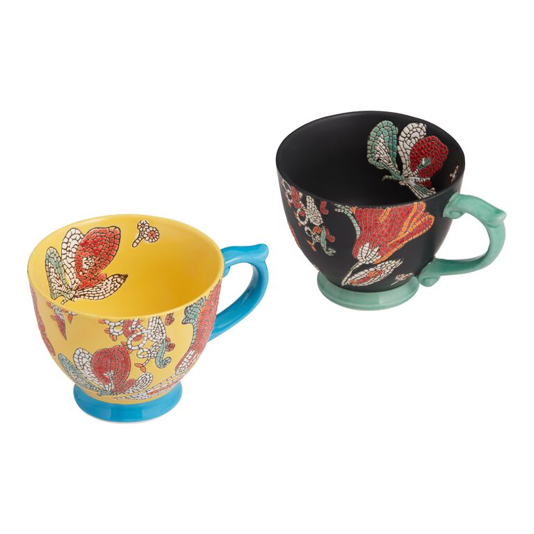 Multicolor Floral Mosaic Hand Painted Ceramic Mug Set Of 2 image number 2
