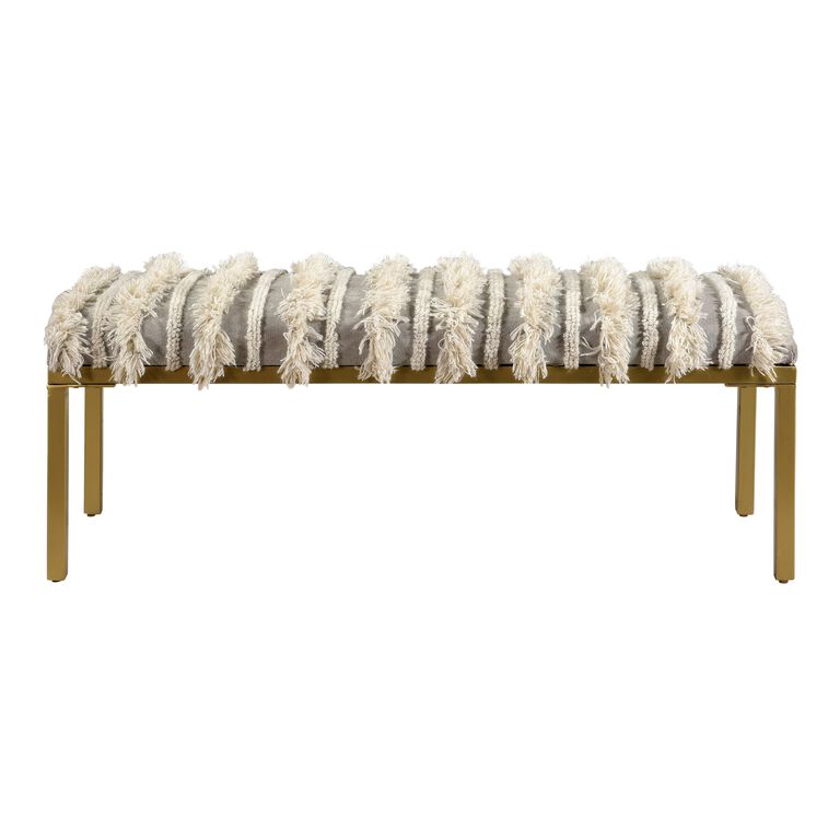 Gray Wool and Brass Upholstered Bench with Fringe image number 2