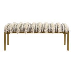 Gray Wool and Brass Upholstered Bench with Fringe