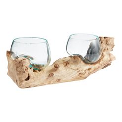 Natural Driftwood and Blown Glass Double Bowl Decor