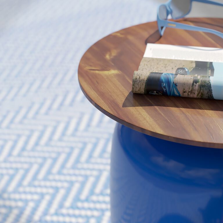 Round Blue Ceramic and Acacia Wood Outdoor End Table image number 3