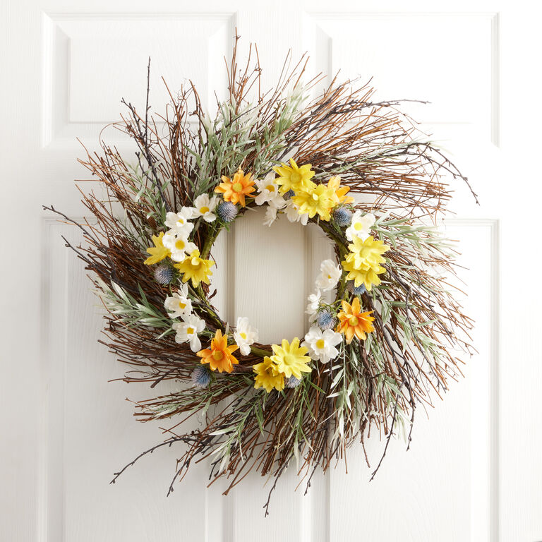 Faux Daisy and Natural Twig Wreath image number 1
