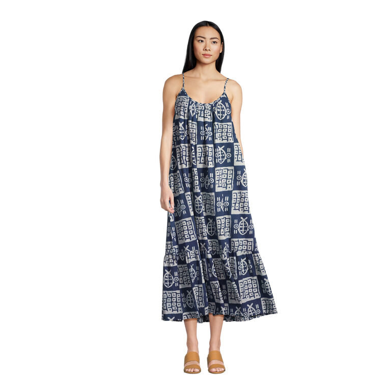 Indigo And White Patchwork Abstract Fish Kaftan Dress image number 1
