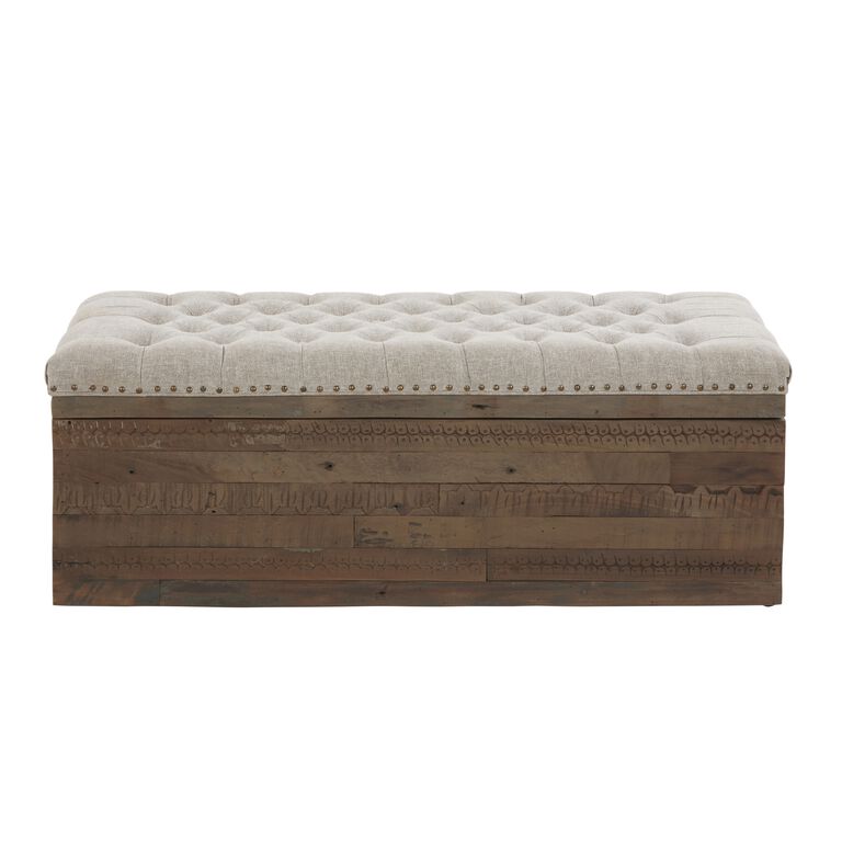 Serena Gray Upholstered Carved Wood Storage Ottoman image number 2
