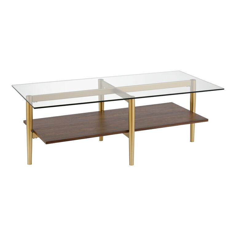 Mae Gold Metal and Walnut Glass Top Coffee Table with Shelf image number 1