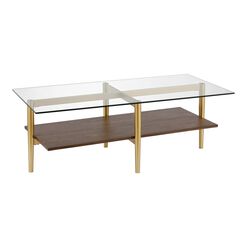 Mae Gold Metal and Walnut Glass Top Coffee Table with Shelf