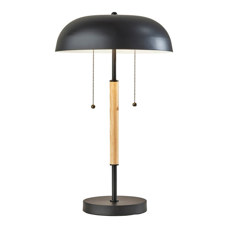Brooks Black Metal Dome and Natural Wood 2 Light Table Lamp image number 1