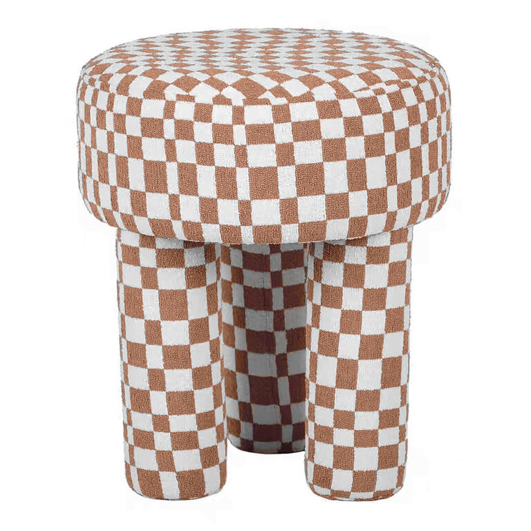 Cherbury Round Brown Checkered Boucle Upholstered Stool image number 3