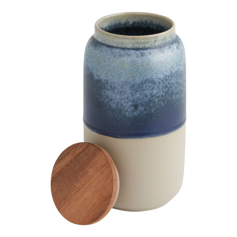 Tall Reactive Glaze Ceramic and Wood Storage Canister image number 2