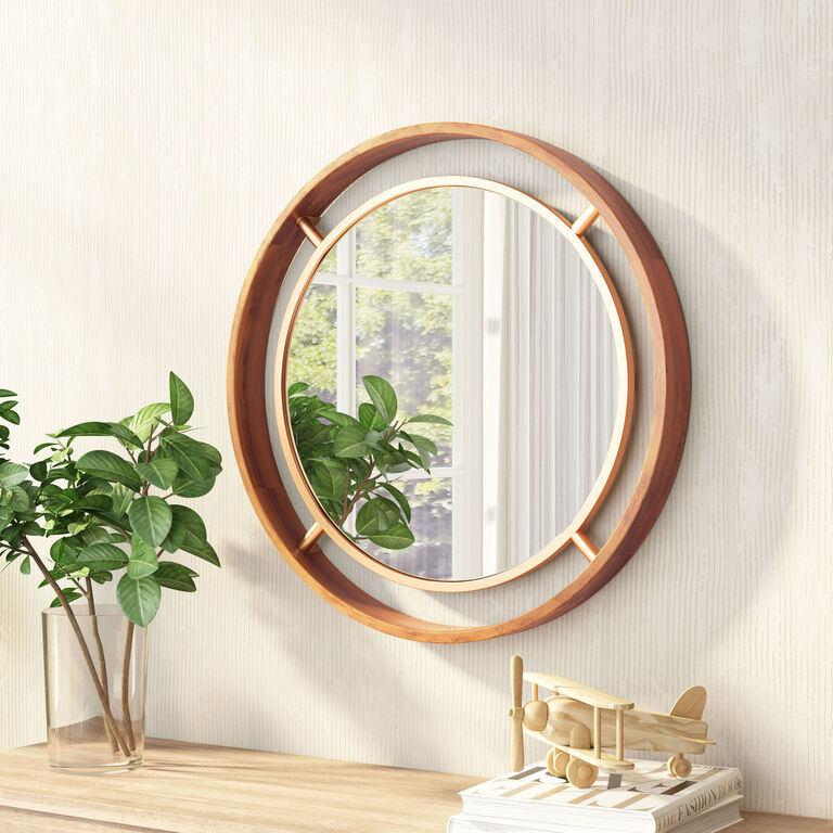 Round Pine Wood and Gold Metal Wall Mirror image number 2