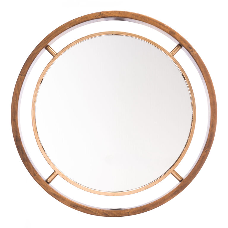 Round Pine Wood and Gold Metal Wall Mirror image number 1