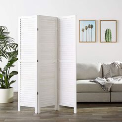 White Washed Bamboo and Wood Shutter 3 Panel Folding Screen