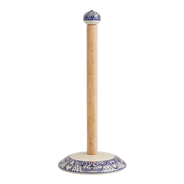 Tunis White and Blue Ceramic and Wood Paper Towel Holder image number 1