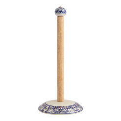 Tunis White and Blue Ceramic and Wood Paper Towel Holder