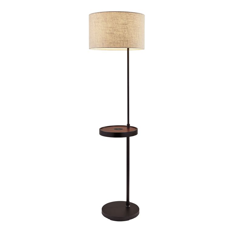 Bourne Walnut Floor Lamp With Shelf, USB And Charging Pad image number 1