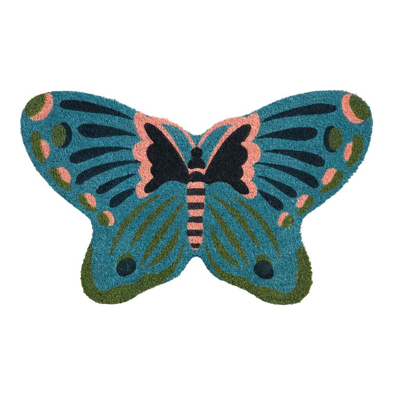 Blue and Pink Butterfly Shaped Coir Doormat image number 1