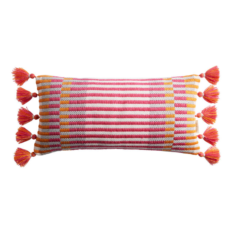 Fuchsia Multi Stripe Fringe Indoor Outdoor Lumbar Pillow image number 1