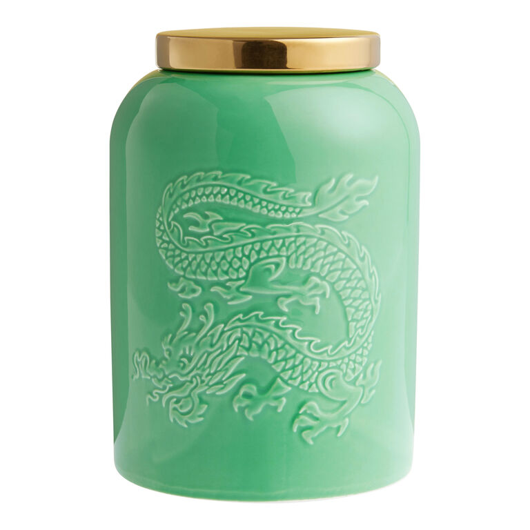 Jade Green and Gold Ceramic Dragon Embossed Tea Canister image number 1