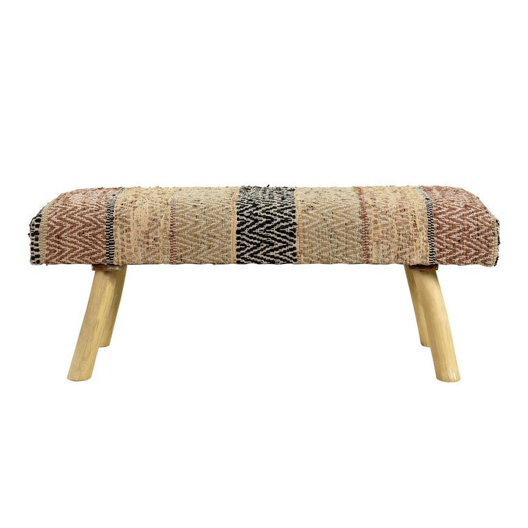 Multicolor Wool and Natural Wood Upholstered Bench image number 2