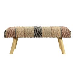 Multicolor Wool and Natural Wood Upholstered Bench