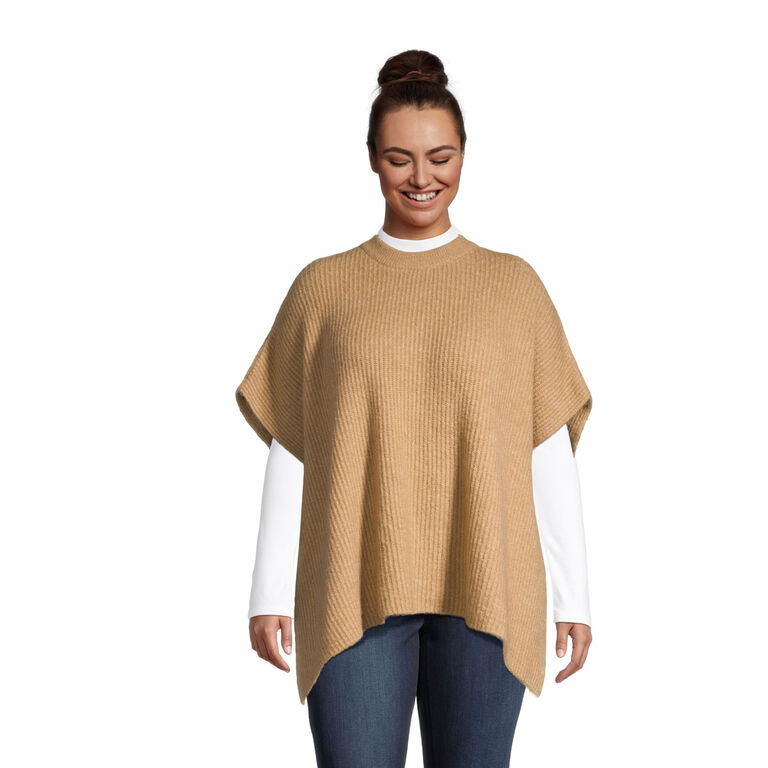 Camel Recycled Yarn Ribbed Poncho image number 1