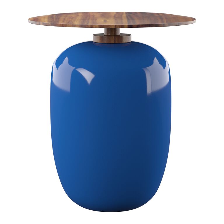 Round Blue Ceramic and Acacia Wood Outdoor End Table image number 1