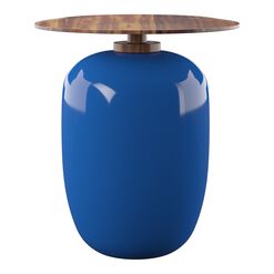 Round Blue Ceramic and Acacia Wood Outdoor End Table