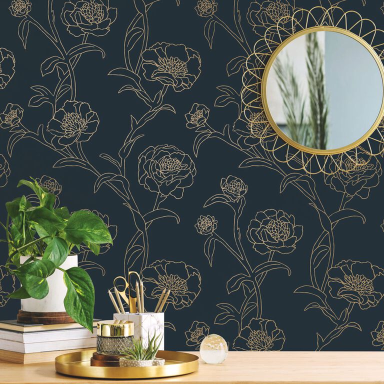 Dark Blue And Gold Peonies Peel And Stick Wallpaper image number 5