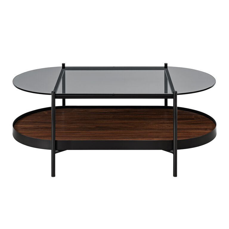 Milano Oval Glass Top and Steel Coffee Table with Wood Shelf image number 3