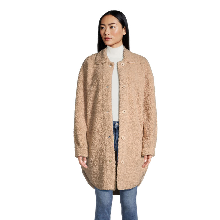 Oatmeal Faux Sherpa Jacket With Pockets image number 1