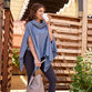 Blue Recycled Yarn Cable Knit Funnel Neck Sweater Poncho image number 1