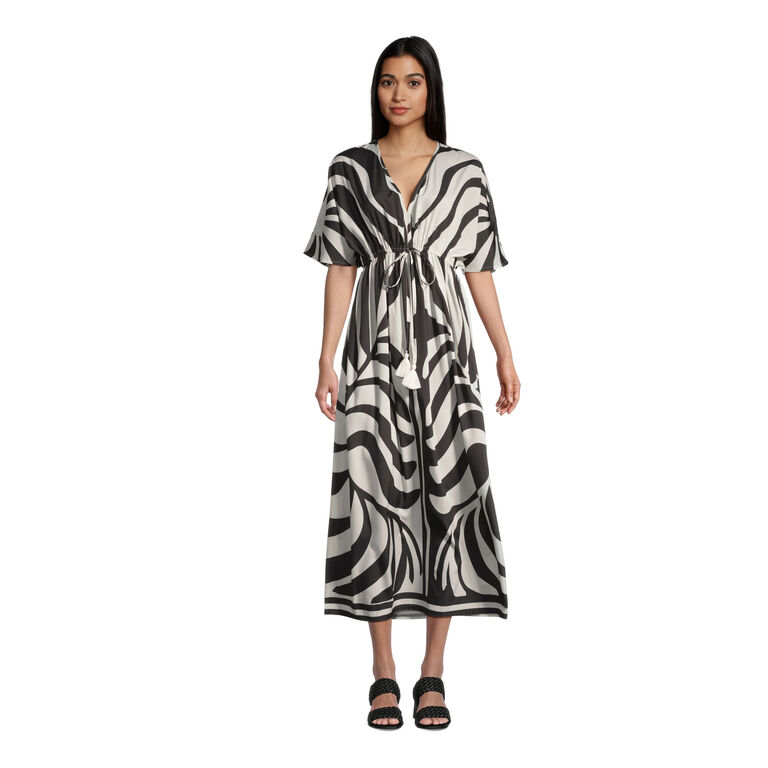 Mira Black And White Oversized Abstract Leaf Kaftan Dress image number 1