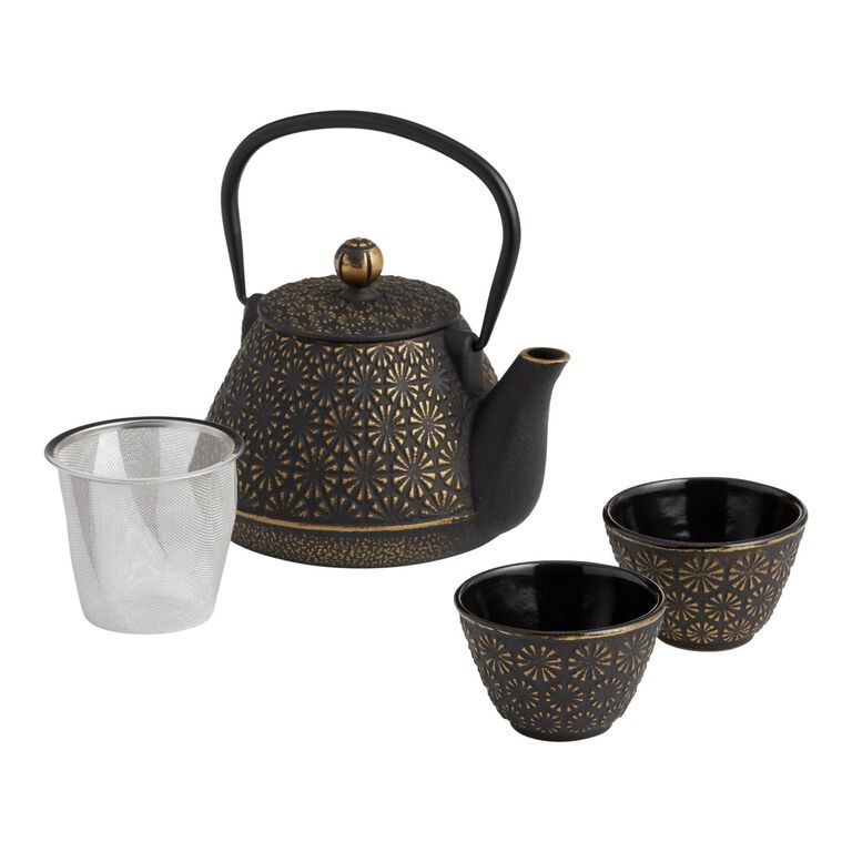 Black and Gold Cast Iron Infuser Teapot and Cups 3 Piece Set image number 1
