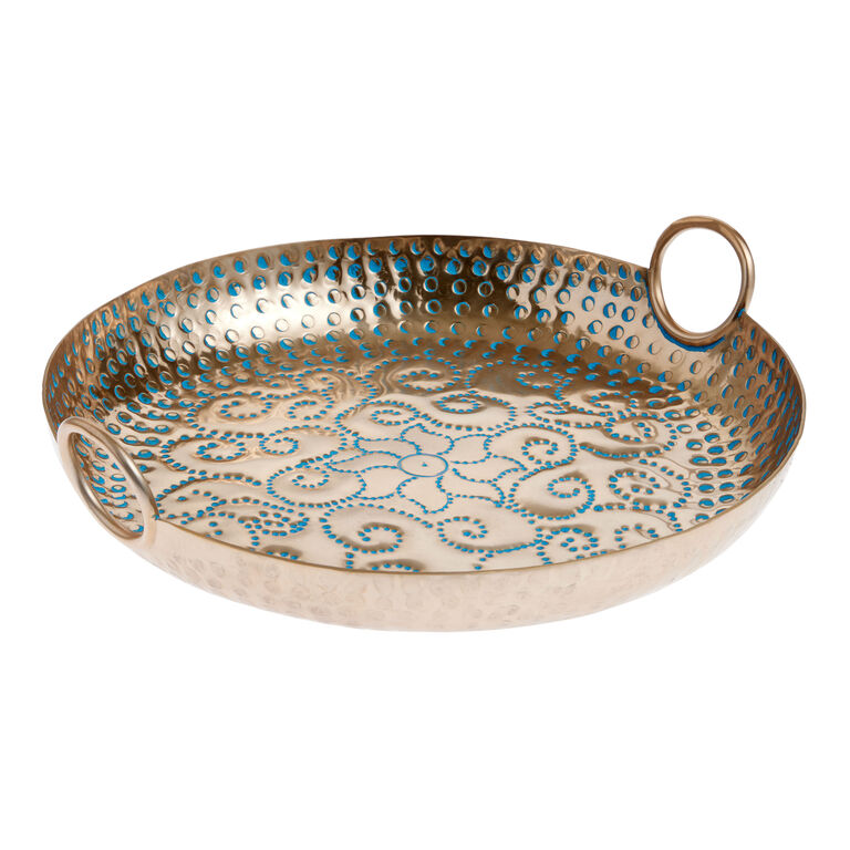 Gold And Blue Metal Hammered Serving Tray image number 1