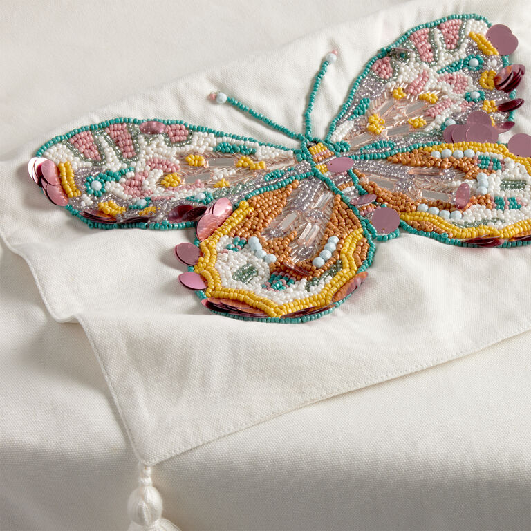 Oatmeal Embroidered Butterfly Beaded Table Runner image number 2