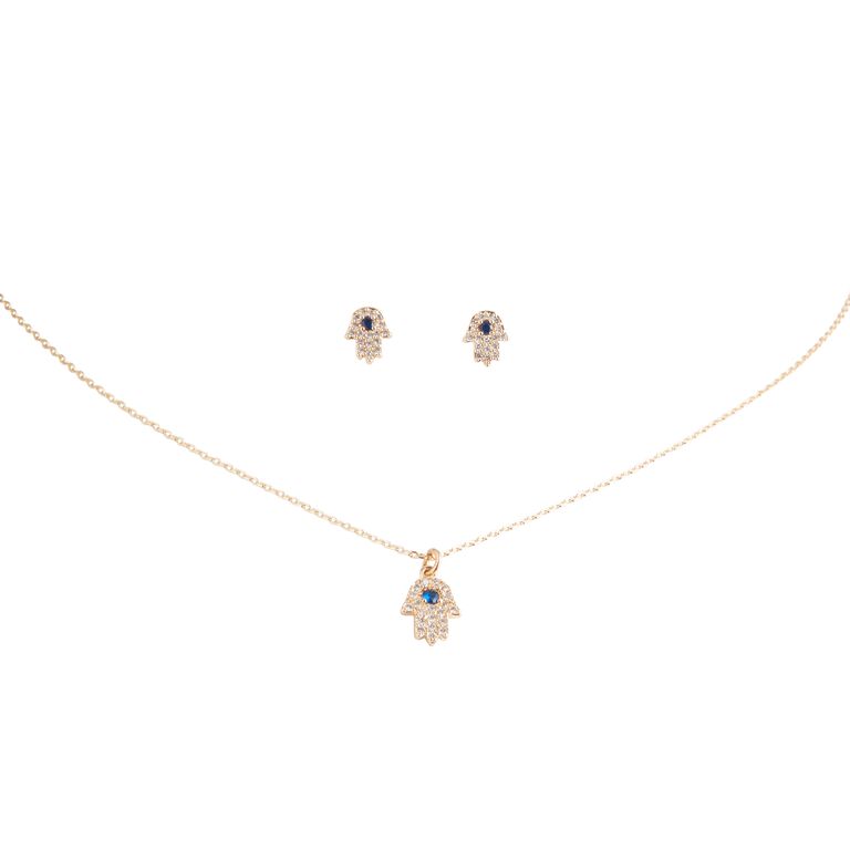 Gold Cubic Zirconia Hamsa Hand Necklace and Earring Set image number 1