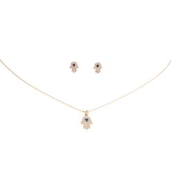 Gold Cubic Zirconia Hamsa Hand Necklace and Earring Set