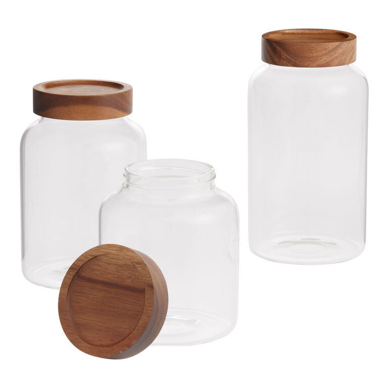 Round Clear Glass and Acacia Wood Storage Jar image number 1