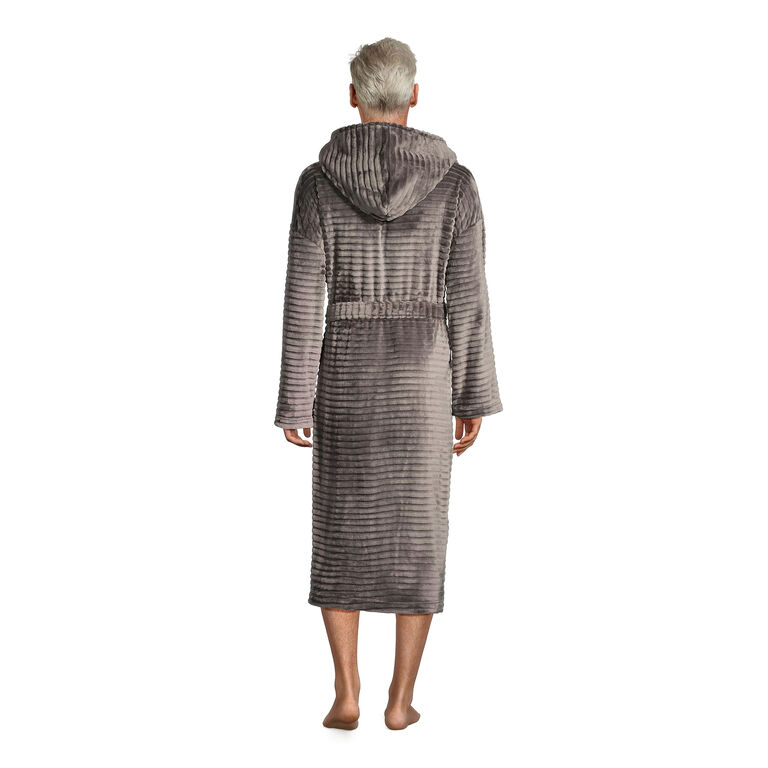 Gray Ribbed Fleece Men's Robe With Hood image number 2