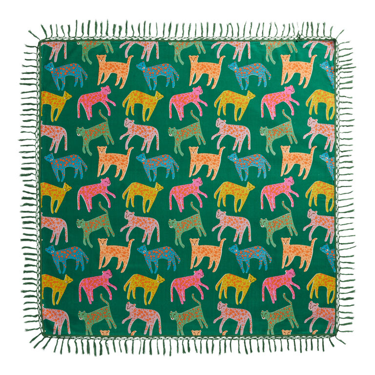 Leo Square Green Multicolor Cats Cotton Picnic Blanket image number 1