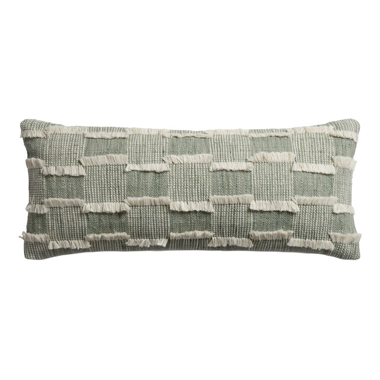 Extra Wide Sage Checked Fringe Indoor Outdoor Lumbar Pillow image number 1