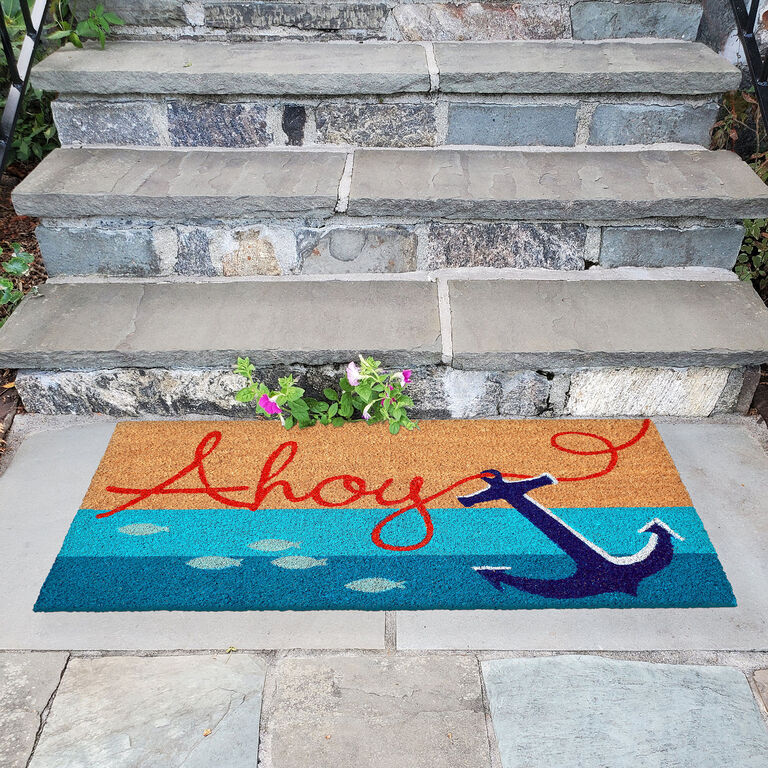 Red and Navy Blue Ahoy Anchor Coir Doormat image number 2