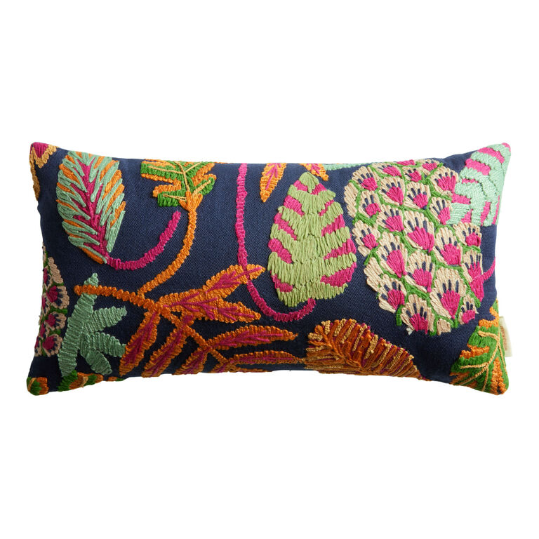 Navy Embroidered Botanical Indoor Outdoor Lumbar Pillow image number 1