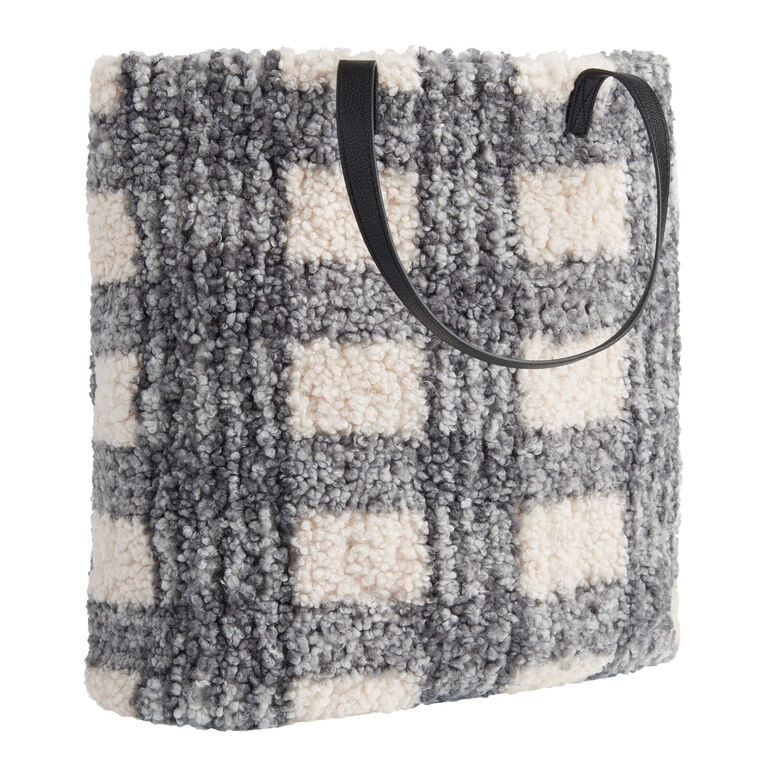 Ivory And Black Plaid Faux Sherpa Tote Bag image number 1