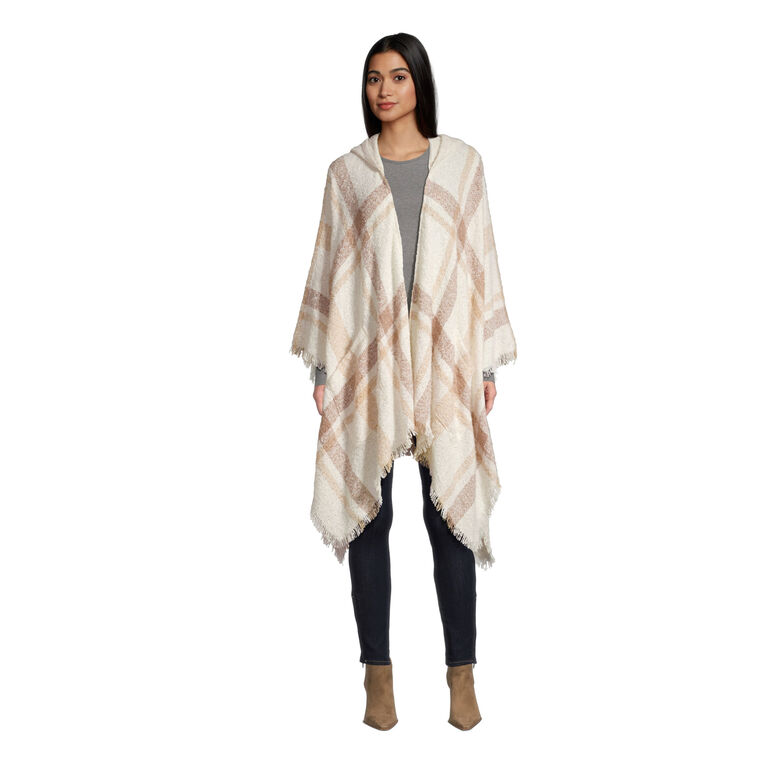 Ivory And Brown Plaid Hooded Wrap With Pockets image number 1