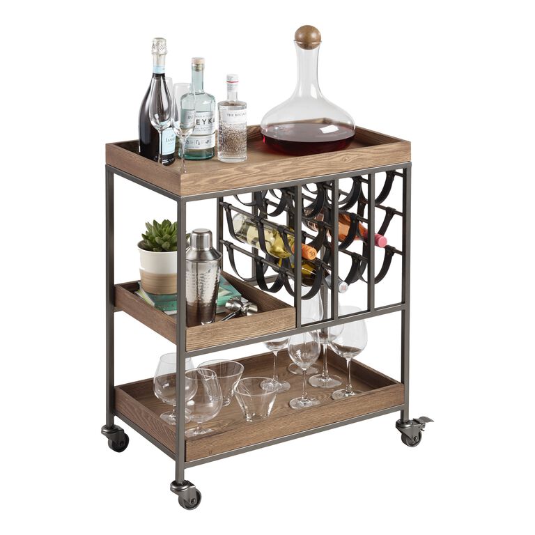 Wood and Faux Leather Strap Bar Cart with Wine Storage image number 4