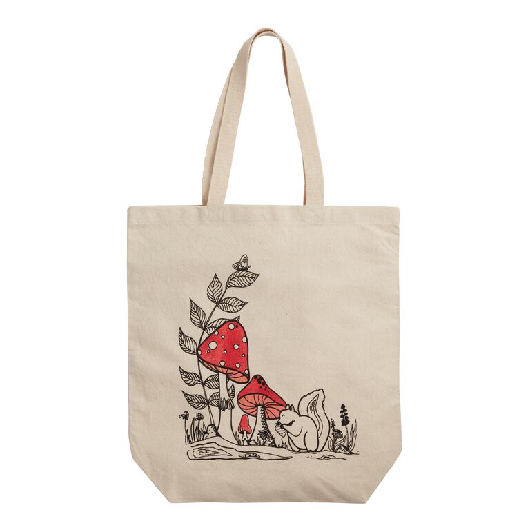 Red Mushroom And Squirrel Line Drawn Canvas Tote Bag image number 1